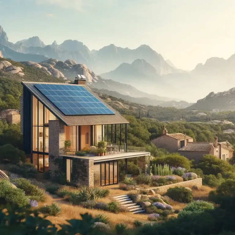 Blog 12 DALL·E 2024 04 21 12.14.19 A picturesque scene in Corsica showcasing a modern house with solar panels installed on its roof. The landscape around the house features typical Cors - Helios Energetica