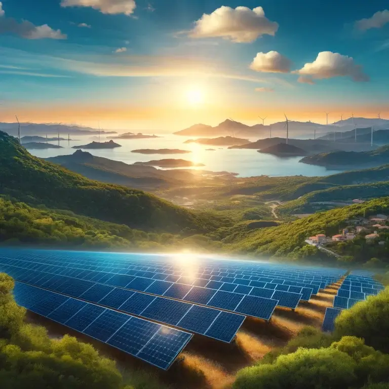 Blog 10 DALL·E 2024 04 21 12.56.54 A scenic view of Corsica featuring solar panels spread across a hilly landscape under a bright sunny sky. The image should capture the natural beauty - Helios Energetica