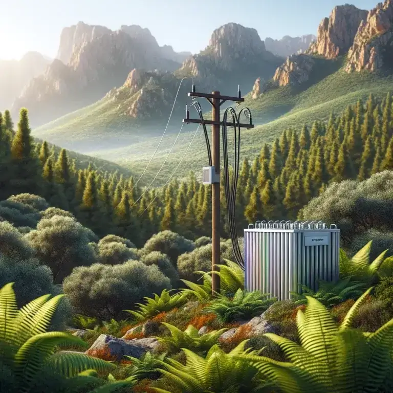 Blog 8 DALL·E 2024 05 04 23.33.26 An environmentally friendly energy storage solution in Corsica prominently featuring the Corsican maquis and mountains. The scene includes a large ba - Helios Energetica