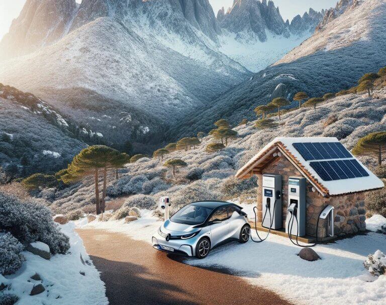 Blog 7 DALL·E 2024 05 12 09.46.52 A scenic winter view of the Aiguilles de Popolasca mountains in Corsica covered in snow. The image features a contemporary electric vehicle charging 1 1 - Helios Energetica