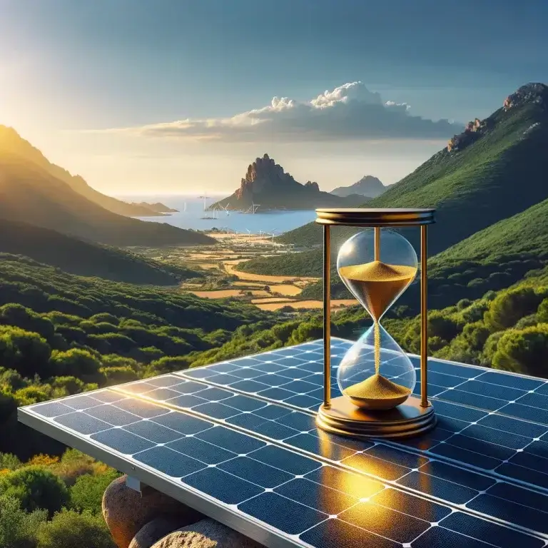 Blog 6 DALL·E 2024 05 23 21.38.16 A solar panel in the middle of nature in Corsica with a beautiful landscape of green hills and blue sky. On top of the solar panel there is an hourg - Helios Energetica