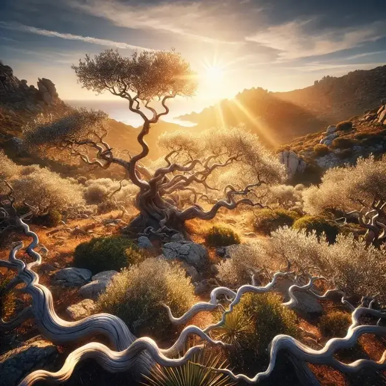 Blog 3 DALL·E 2024 08 29 19.06.17 A breathtaking Corsican landscape in a wild setting featuring ancient olive trees surrounded by rugged terrain. The scene is bathed in the warm golde - Helios Energetica