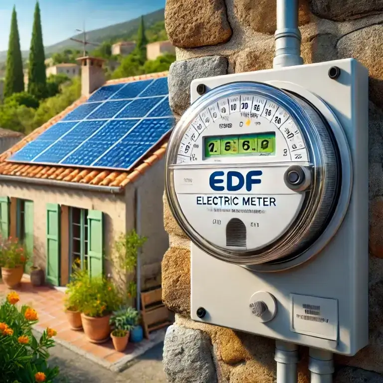 DALL·E 2024 09 08 21.27.48 A detailed image of an EDF electric meter in a Corsican environment with visible solar panels as part of a photovoltaic installation. The meter is mou - Helios Energetica